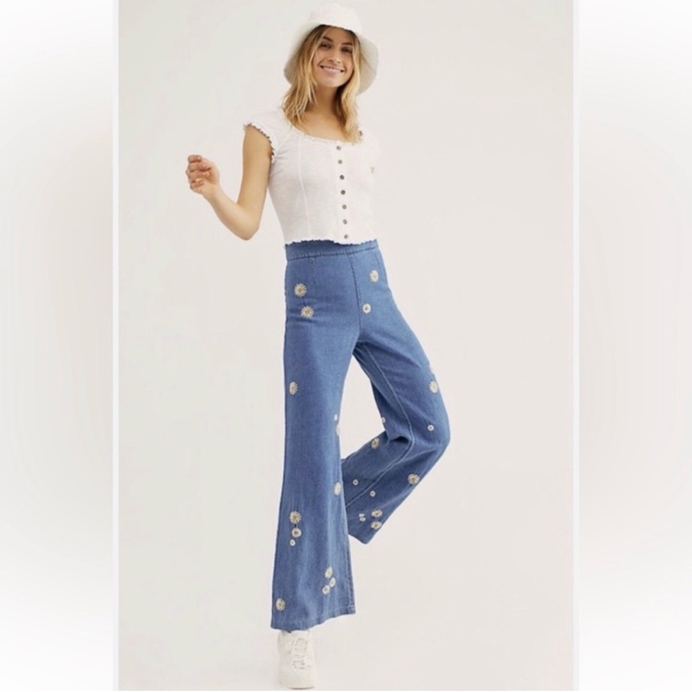 Free People Blue Floral Flare Jeans